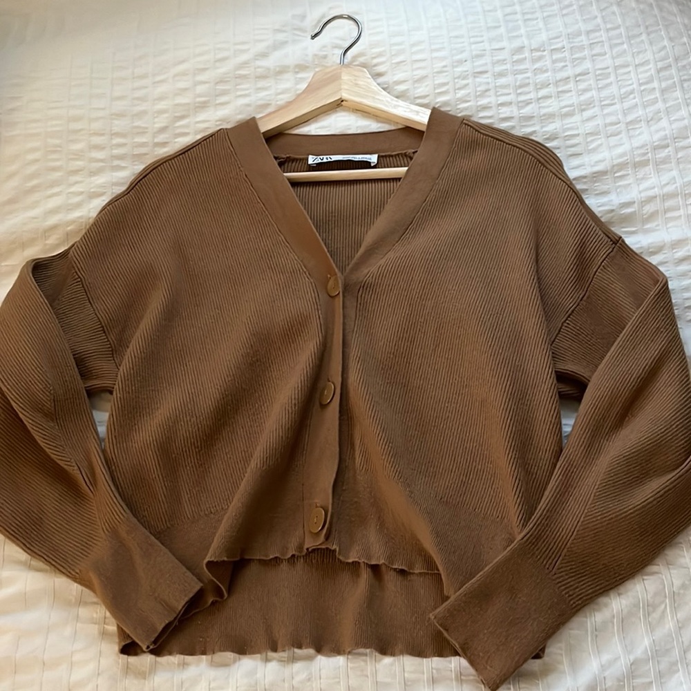 Zara Camel Brown Cardigan Sweater Ribbed Knit